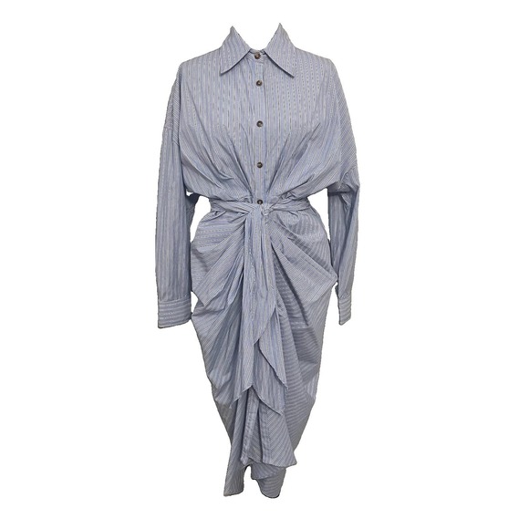 Mable Dresses & Skirts - MABLE Sz M Blue/Multi Striped Midi Shirt Dress Front Tie Long Sleeve Coastal